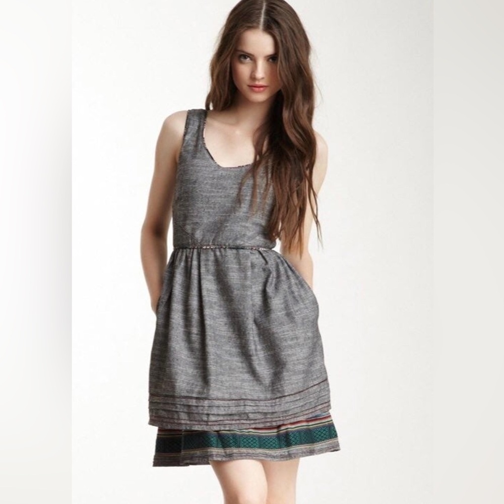 Freeway Anthropologie Embroidery Denim Sleeveless A-Line Scoop Neck Dress Gray M